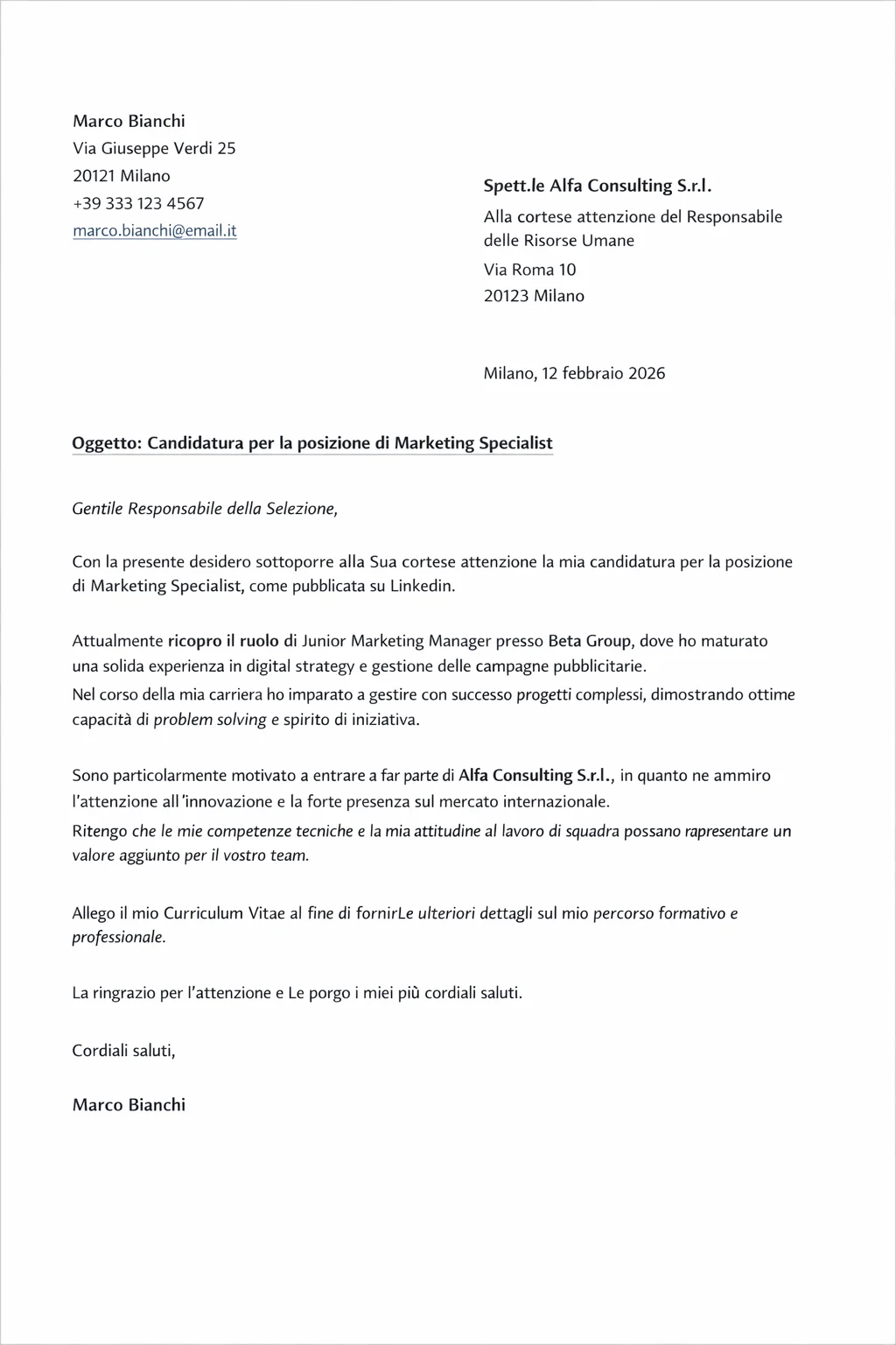 Lettre de Motivation Italien