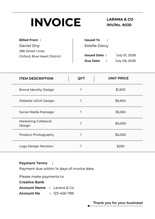 facture en anglais invoice