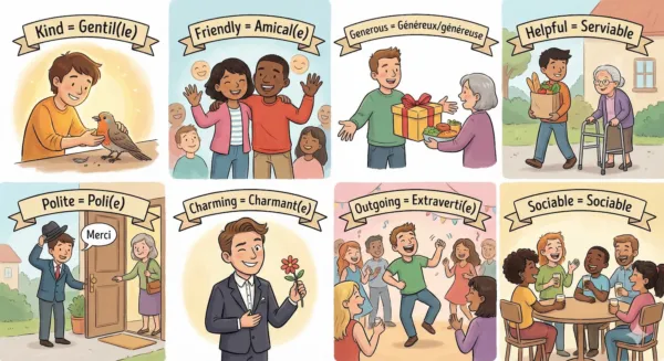 caractères en anglais : Kind = Gentil(le) Friendly = Amical(e) Generous = Généreux/généreuse Helpful = Serviable Polite = Poli(e) Charming = Charmant(e) Outgoing = Extraverti(e) Sociable = Sociable
