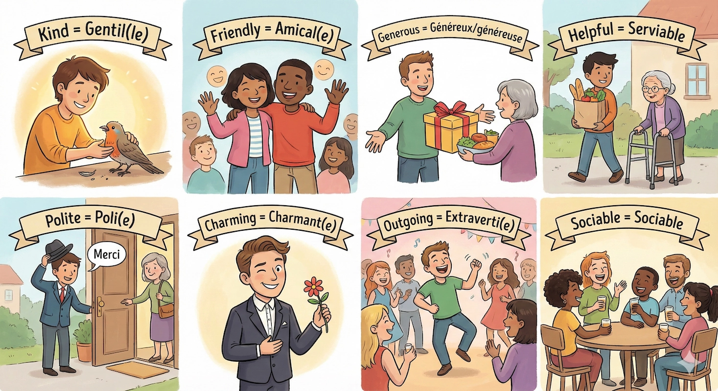 caractères en anglais : Kind = Gentil(le) Friendly = Amical(e) Generous = Généreux/généreuse Helpful = Serviable Polite = Poli(e) Charming = Charmant(e) Outgoing = Extraverti(e) Sociable = Sociable